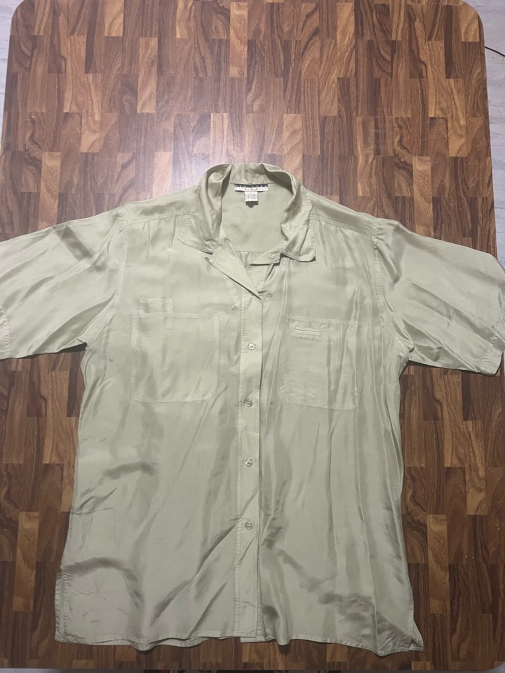 New York Studio 100% Silk Blouse Green Button Front Shirt Women’s Large Pockets